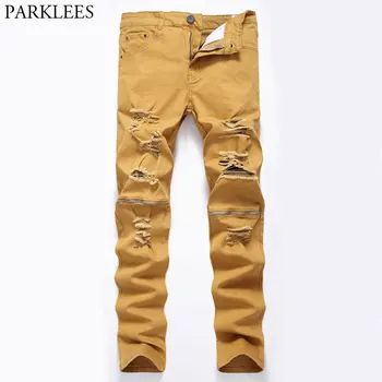 

2018 New Fashion Knee Zipper Jeans Men Hip Hop Hi Street Ripped Jeans Homme Nightclubs Holes High Elastic Skinny Denim Pants 42
