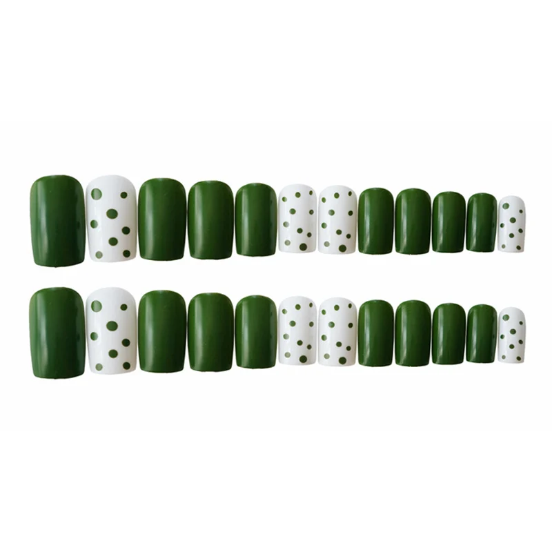 Накладные ногти с клеем по заводской цене, 24 шт., для женщин, милые, в горошек, зеленые, короткие, искусственные, полное покрытие, накладные ногти