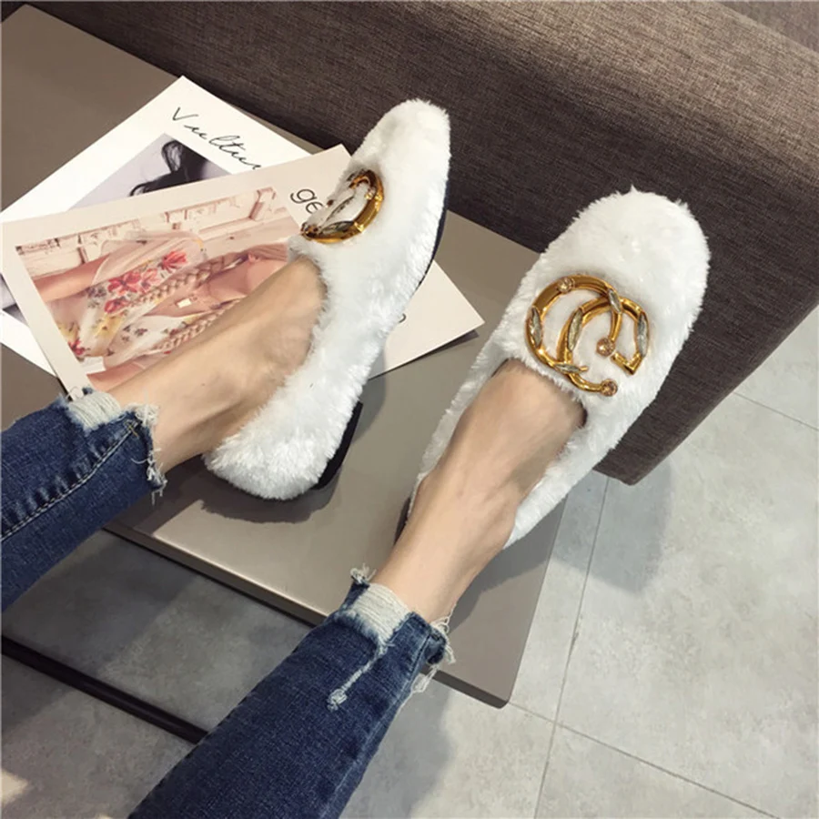

Autumn / Winter Warm Women Single Shoes Soft Bottom Pearl Comfortable Plus Velvet Convenient Slip-On Light Female Flat Shoes