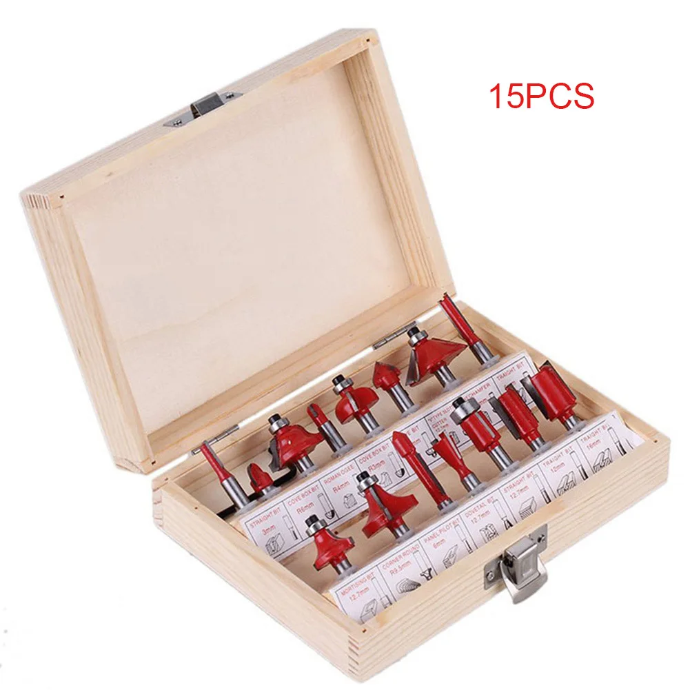 

15 Pcs Router Bit Set 1/4-inch Shank Diameter Milling Cutter Set Profile Carbide Woodworking Tool HYD88