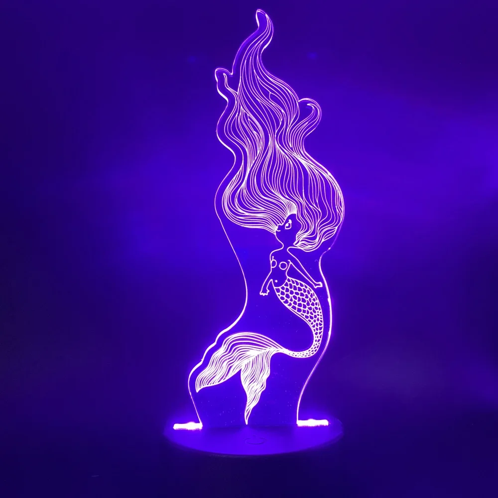 

Beautiful Mermaid Figure with Long Hair 3d Illusion Led Night Light Gift for Girl Baby Bedroom Nightlight Atmosphere Desk Lamp