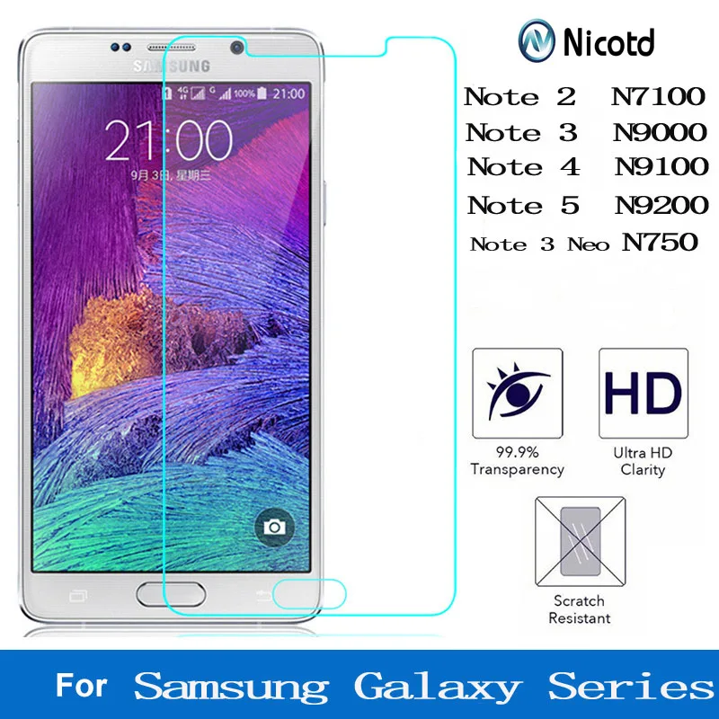 Nicotd 9H прозрачное закаленное стекло для samsung Galaxy Note 2 3 4 5 neo для Galaxy N7100 N9000 N9100 N750 N9200 Защитная пленка для экрана