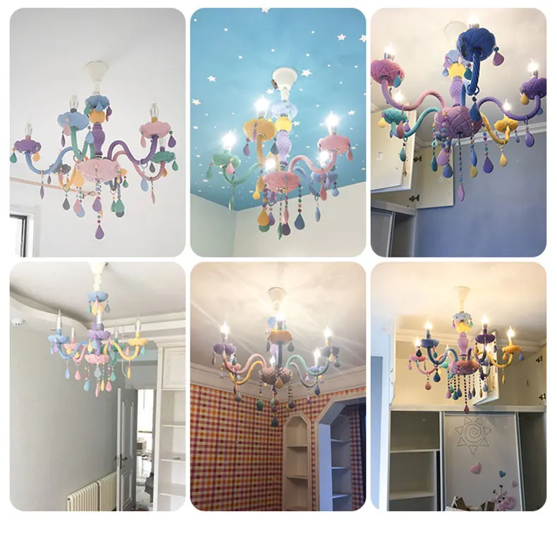 Personality colorful glass for children's room decoration chandelier macaron color crystal LED E14 lighting hanging chain adjust