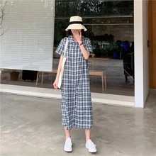 Women Maxi Dress Vintage Plaid Dress Single Row Button Loose Long Dresses Plus Size Women Maxi Dress Vintage Plaid Dress Single Row Button Loose Long Dresses Plus Size
