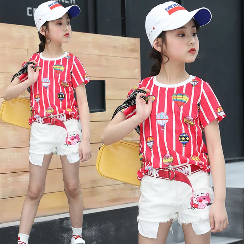 

Girls summer 2019 children's cotton cartoon short-sleeved T-shirt stitching denim shorts suit summer children's sets