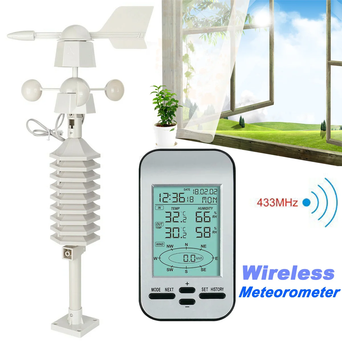 

Professional RF 433mhz Wireless Weather Station Clock Wireless Anemometer With Wind Speed and Direction Sensor