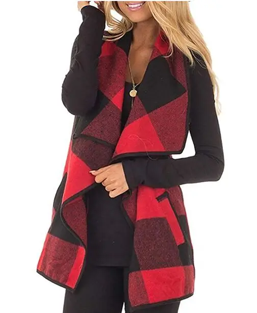 Винтажная модная женская классическая клетчатая Жилетка куртки-ветровки Теплые карманы ассиметричный жилет кардиган жилет плюс размер s-xxl - Цвет: Red plaid
