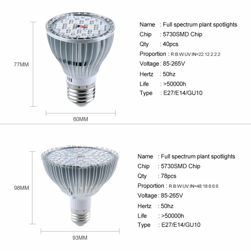 Ампулы светодиодные E27 фитолампы полного спектра 21 28 35 40 78 144 LED s диодные для