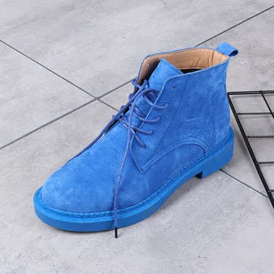 Весенние матовые Ботинки martin из натуральной кожи; женские повседневные ботинки; модная женская обувь в консервативном стиле; обувь на плоской подошве; 10 ярких цветов - Цвет: Blue Pig Suede