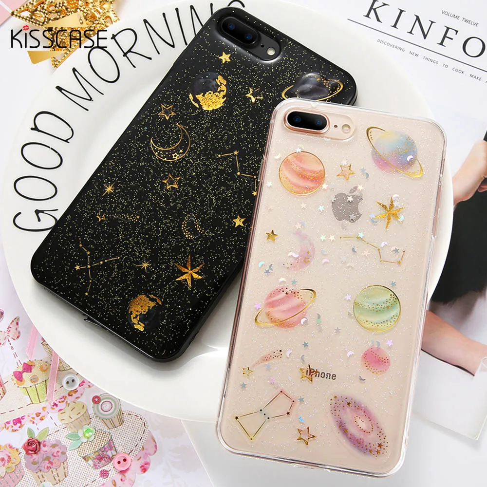

KISSCASE Cute Space Case For iPhone 6 6s 7 8 Plus Silicone Cases Cover For iPhone X 5 5s SE 6 6s 7 8 Plus Bling Glitter Capinhas