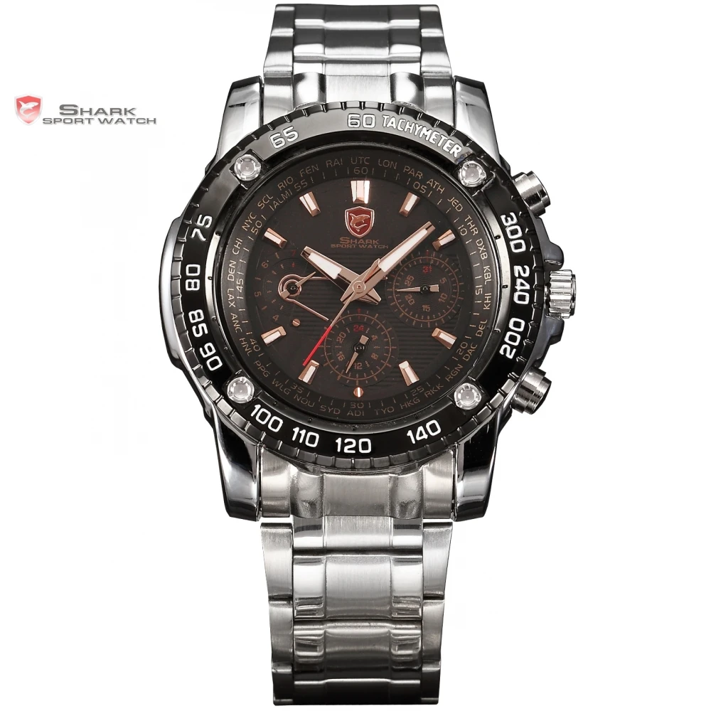 Saw SHARK Sport Watch Black Golden 6 Hands Date 24 Hours Stainless Full Steel Christmas Men