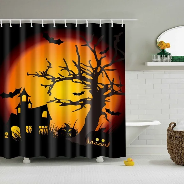 Halloween Shower Curtain Horror Light Pumpkin Lights Castle Cemetery ...