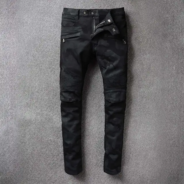 Luxury Brand Designer Mens Black Motorcycle Biker Jeans Elastic Ripped Denim Jeans Men Vintage