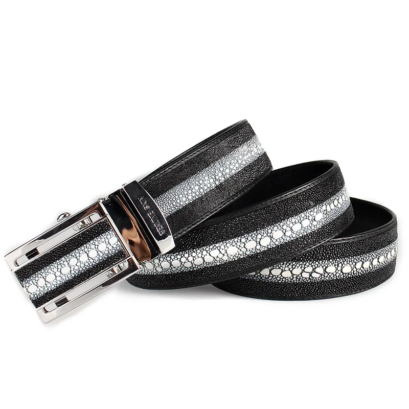 

Business Style Black White Genuine Skate Skin Male Waist Strap For Men's Suits Pant Stingray Leather Automatic Buckle Man Belt
