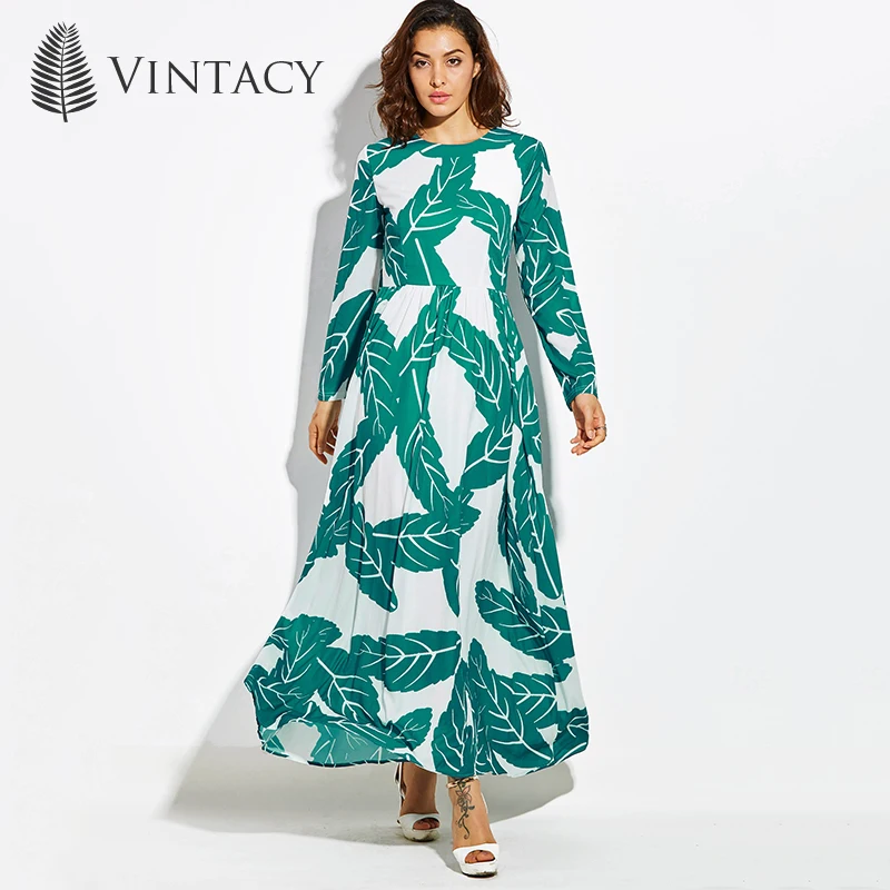 

Vintacy New Autumn Dress Green Print High Waist Long Sleeve Loose Vintage Dress Summer Causal Long Floor Length Autumn Dress