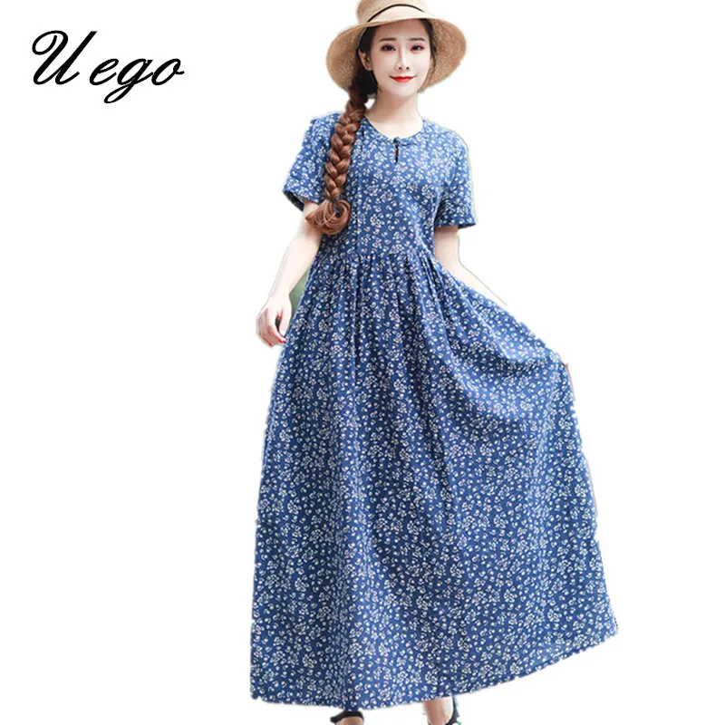 

Uego Fashion Printing Floral Prairie Chic Dress Cotton Linen Short Sleeve Summer Dress Plus Size Loose Women Casual Midi Dress