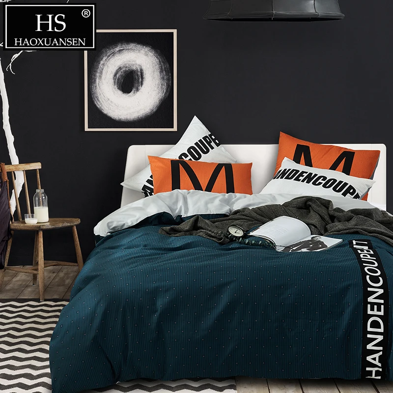 

4pcs Black Green Satin Egyptian Cotton Sanding Bedding Sets Grey Wave Point Stripe Duvet Cover Sheet Pillow Case Queen King Size
