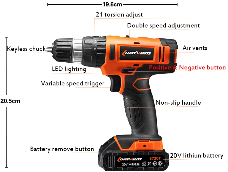 20 в двухскоростная литиевая батарея беспроводная Прецизионная отвертка Ударная дрель электрический молоток дрель бетонная стена Дерево инструмент