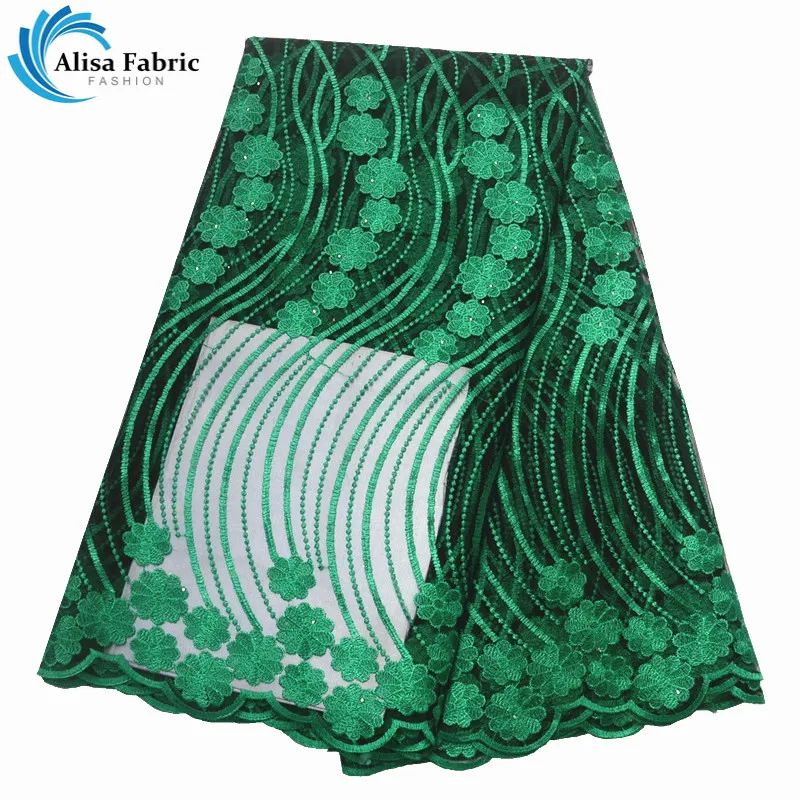 

Alisa Green Latest African high quality French mesh laces fabrics 2019 embroidered Nigerian lace fabric with stones for dresses