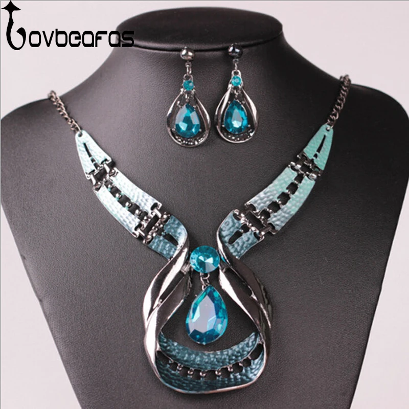 

LOVBEAFAS 2019 Fashion Blue Gem Luxury Choker Necklace Earrings Jewelry Sets Collares Maxi Vintage Statement Necklaces Women