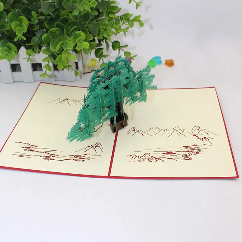 

Chinese Style 3D Handmade Verdant Pine Cypress Paper Invitation Greeting Cards PostCard Creative Laser Greeting Cards
