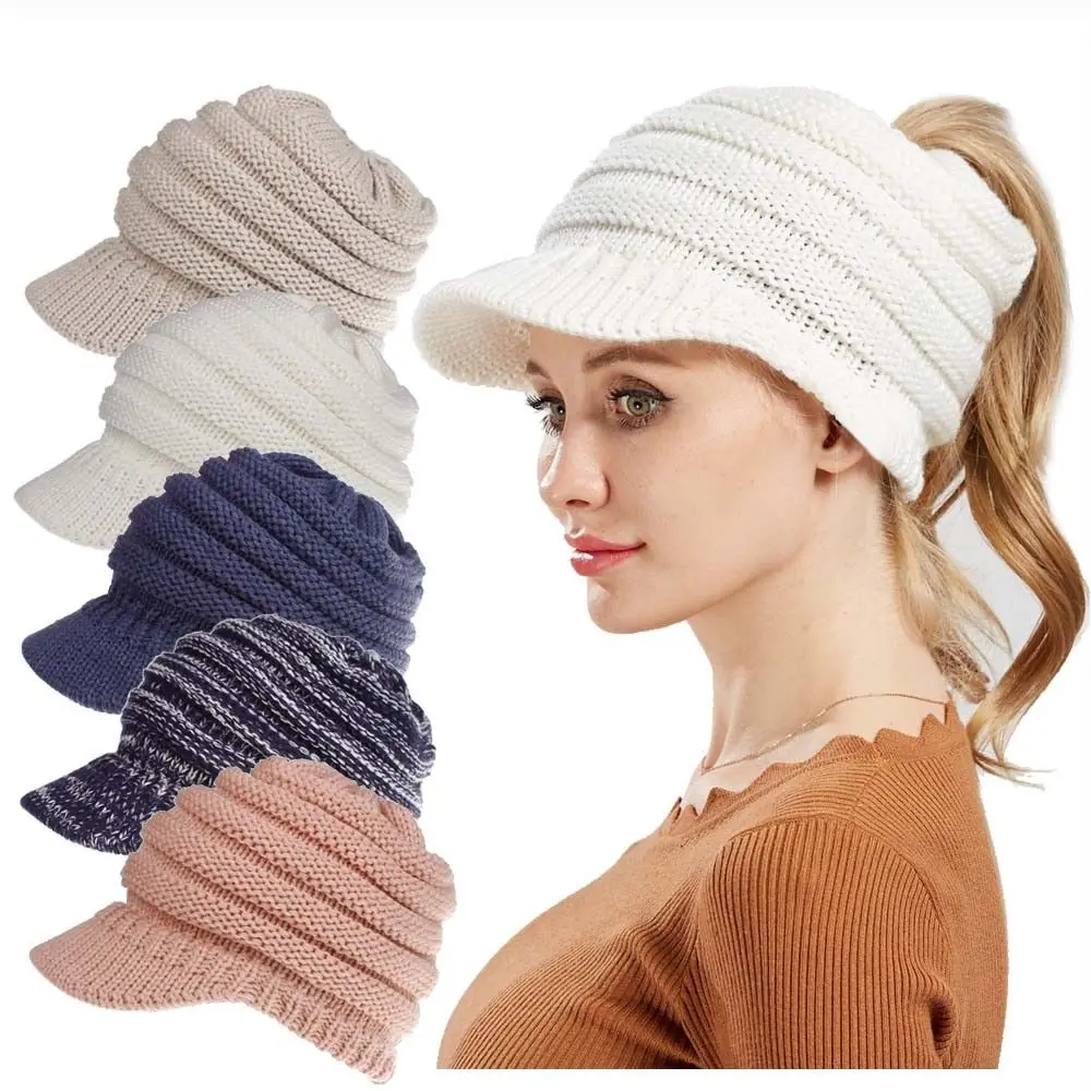 

Autumn Winter New Women Girl Knitted High Bun Ponytail Stretchy Warm Hat Solid Color Baseball Caps