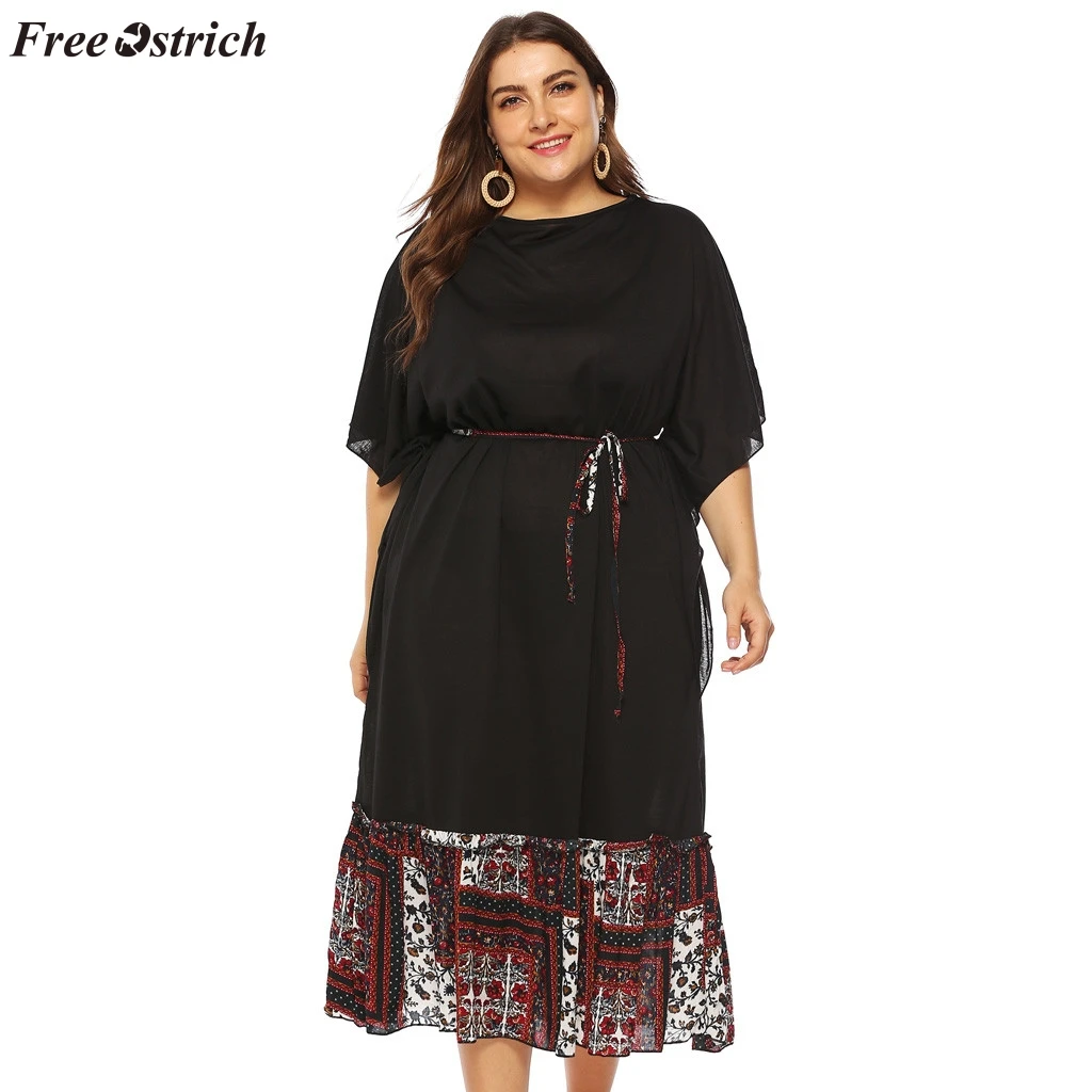

FREE OSTRICH Women's personality large size casual O-neck half-sleeved print stitching large size dress long dress party dress