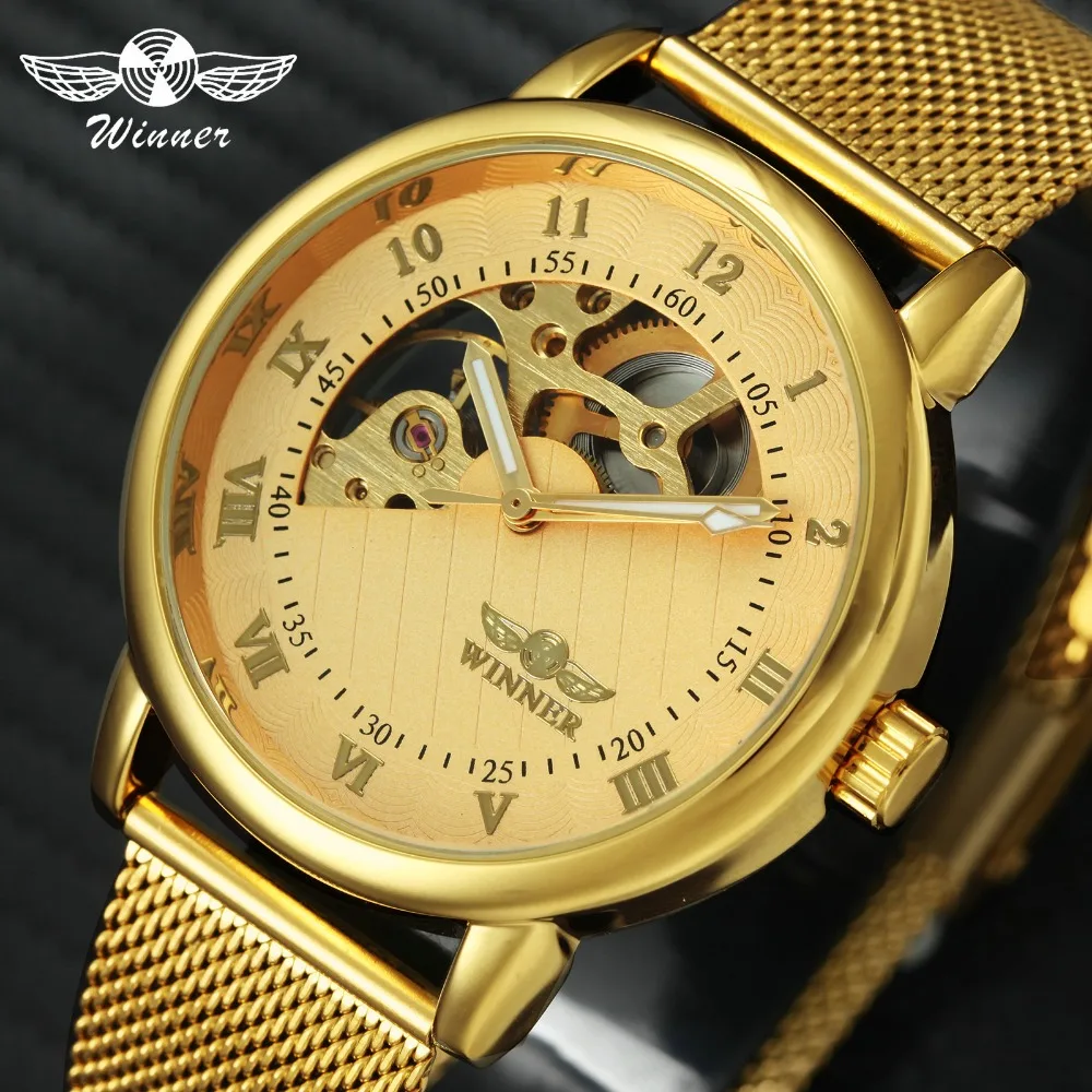 

Royal Golden 2018 Men WINNER Mechanical Watches Fan-shaped Skeleton Dial Ultra Thin Mesh Strap Top Brand Luxury Hand-wind Clock