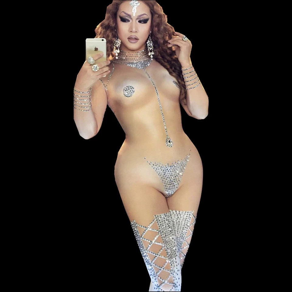  Sparkly Stretch Modern Women Rhinestone Jumpsuit Singer Bar Show Dj Dance Costume Sexy Nude Crystal