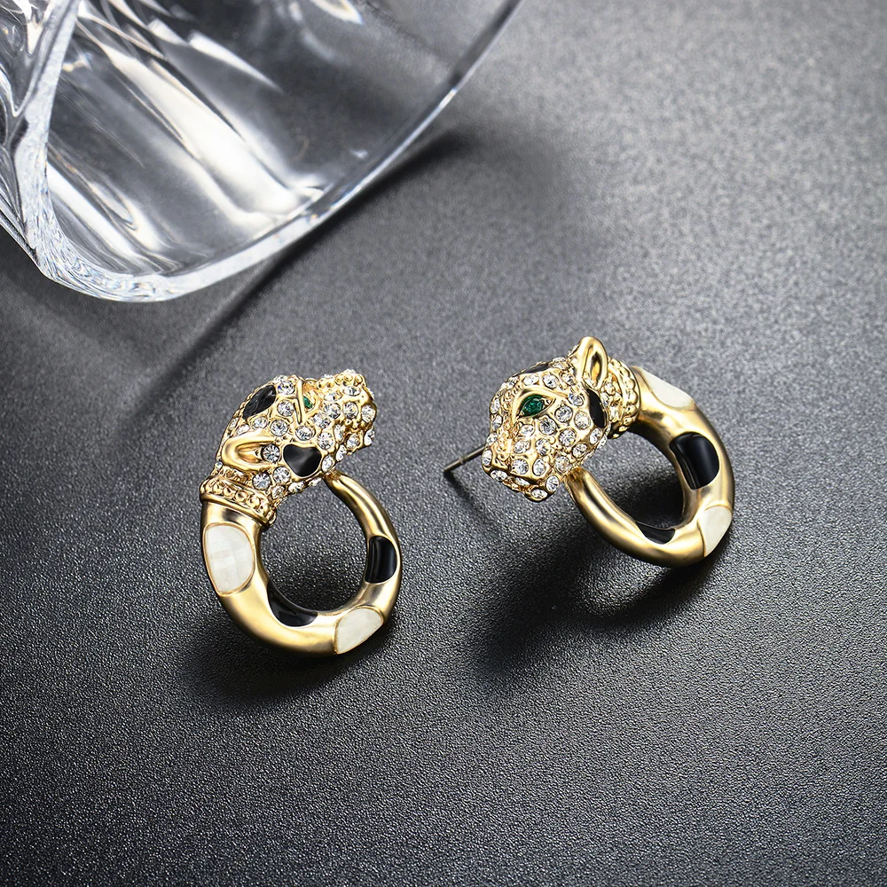 Viennois Gold / Gun Color Leopard Stud Earrings For Women Rhinestone Enamel Fashion Rhinestone Wedding Party Earrings Jewelry