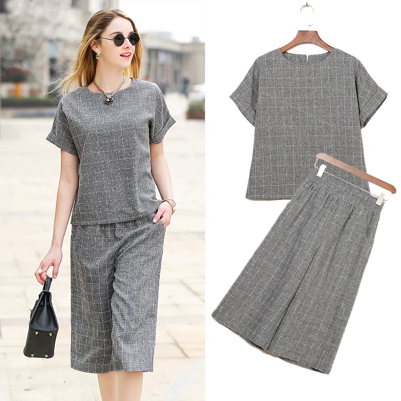

Women Plus Size XL- 6XL Sweatshirt And Casual Wide leg Pants Clothing Set Short-Sleeve Cotton Linen Leisure Suit Two-Piece Plaid