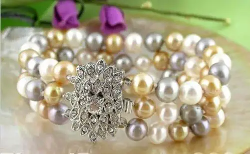 

Shipping >>>>p353 NICE 3row 9mm white gray round champagne FW pearl bracelet bangle