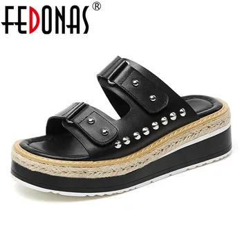 

FEDONAS Fashion Punk Genuine Leather Women Sandals Rivet Buckle Women Flats Comfortable Casual Shoes Woman Round Toe Slippers