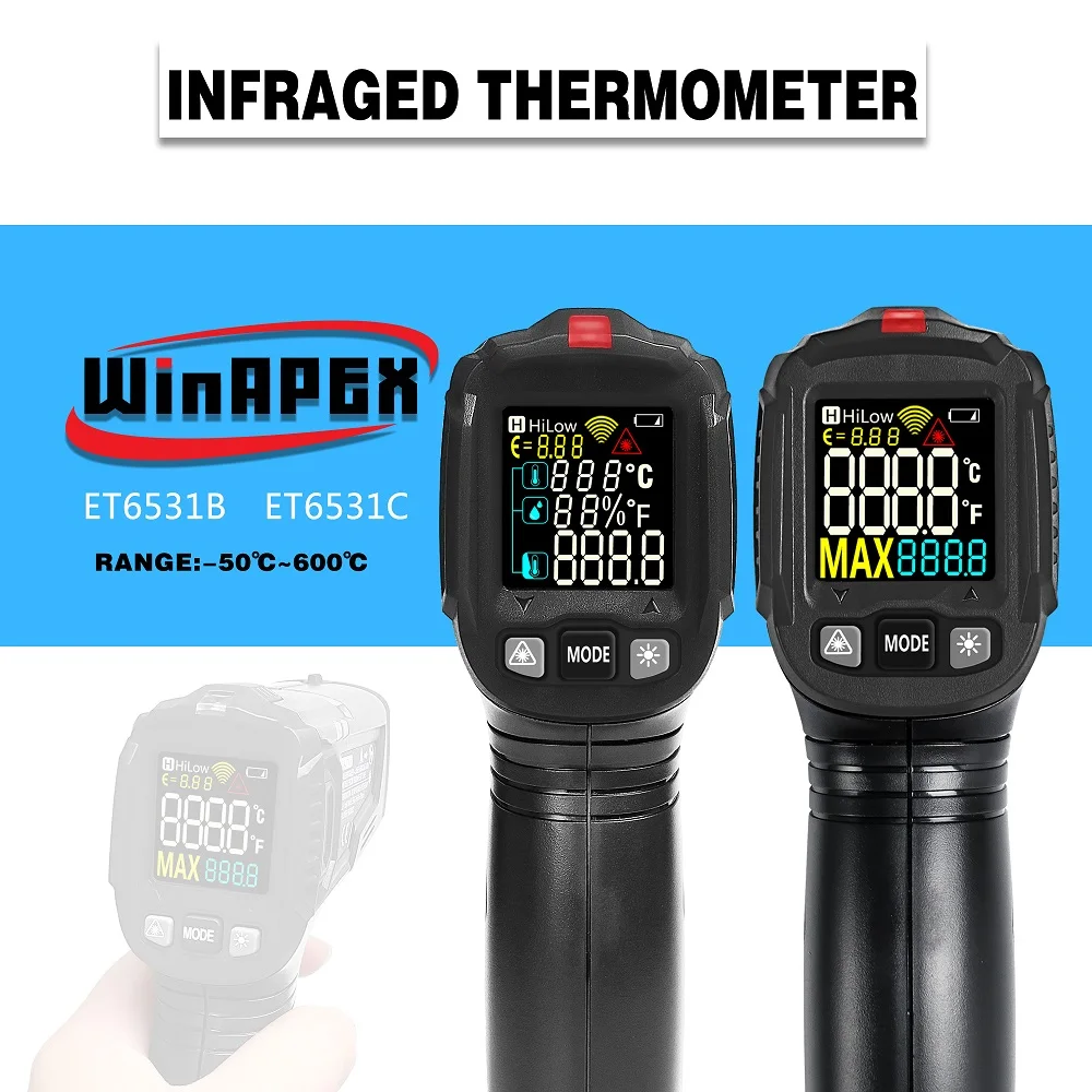 WINAPEX ET6531B/C 2 типа Бесконтактный Инфракрасный цифровой термометр для измерения влажности-50~ 600 градусов с красочным VA для завода автомобиля