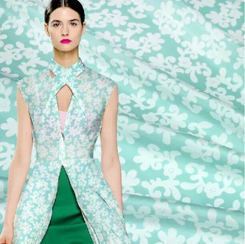 

110cm wide 12mm white flower print light green silk fabric for dress shirt clothes diy patchwork material E255