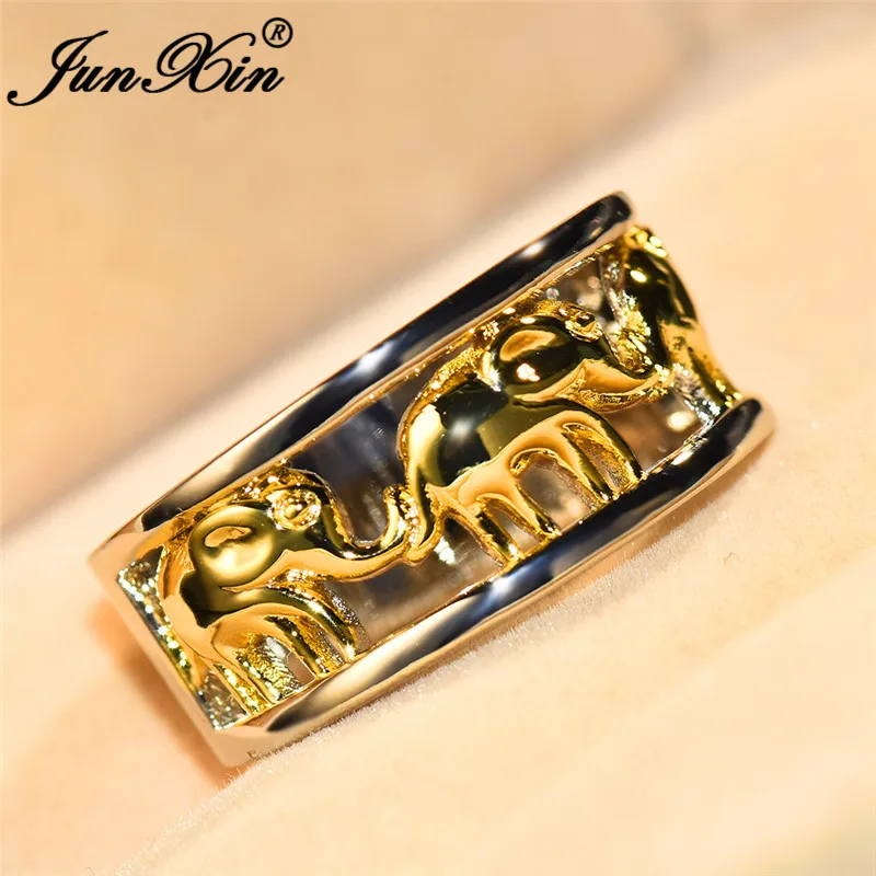 JUNXIN Gold Elephant Rings For Women Men 925 Silver Filled Big Ring Female Male Engagement Bands Couples Ring Boho Jewelry Gifts