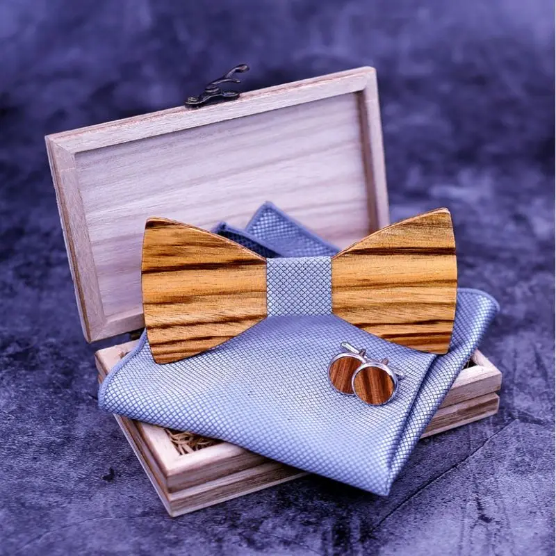  Zebra Grain Wooden Bow Tie For Men Male Trendy Necktie Wood Bowtie Handkerchief Cufflinks Set Box