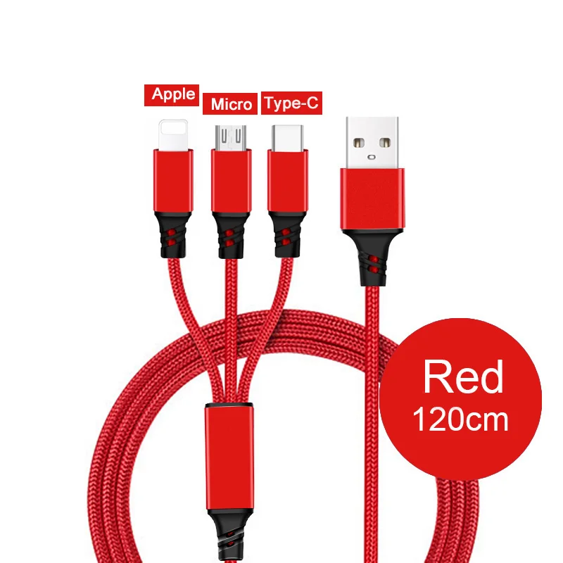 Type-C Micro 8 Pin 3 в 1 usb кабель для зарядки для iPhone 6 s 6s 7 8 Plus X Xs Max XR 2в1 samsung huawei Xiaomi Android провод шнур - Цвет: 3in1 1.2M Red