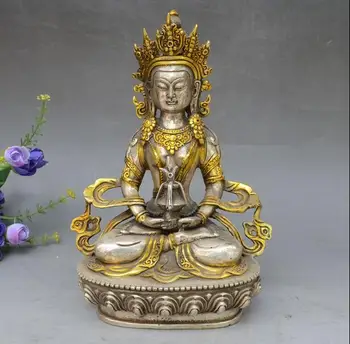

21cm copper silver Four arms Guan Yin Goddess Amitayus Buddha Statue