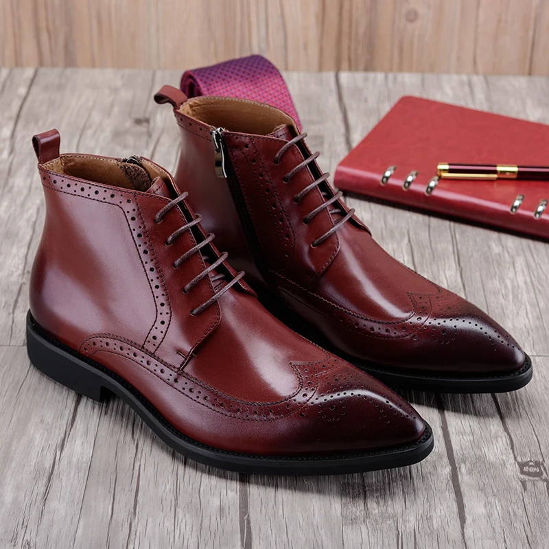 Men PJCMG Black/Red Lace-Up Ankle Rubber Casual Genuine Leather Classic Business Office Formal Boots