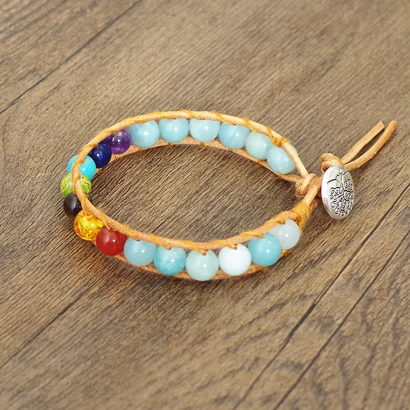 

Natural Stone Amazonite Beads Leather Wrap 7 Chakra Bracelets Women Cuff Bracelet Boho Beaded Yoga Chakra Bracelet Jewelry Gift