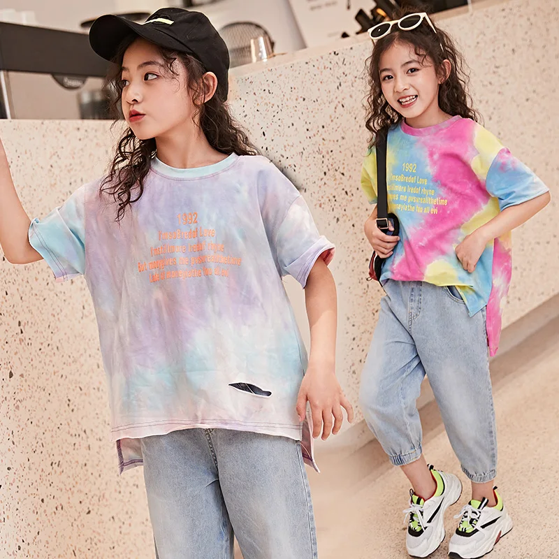 

Kids T Shirt Girls Summer Top 2019 Cotton Ripped Shirts Teenage Teen Long Tshirt New Fashion Print Big Girls Tee Shirt Fille 14
