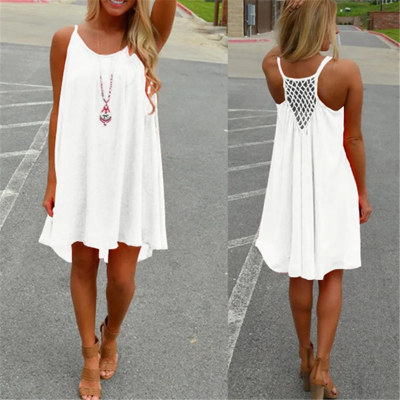 

Sexy Hollow Out Loose Mini Dress Women clothes 2019 Summer Spaghetti Strap Beach White Pink Chiffon casual Boho Dress Plus Size