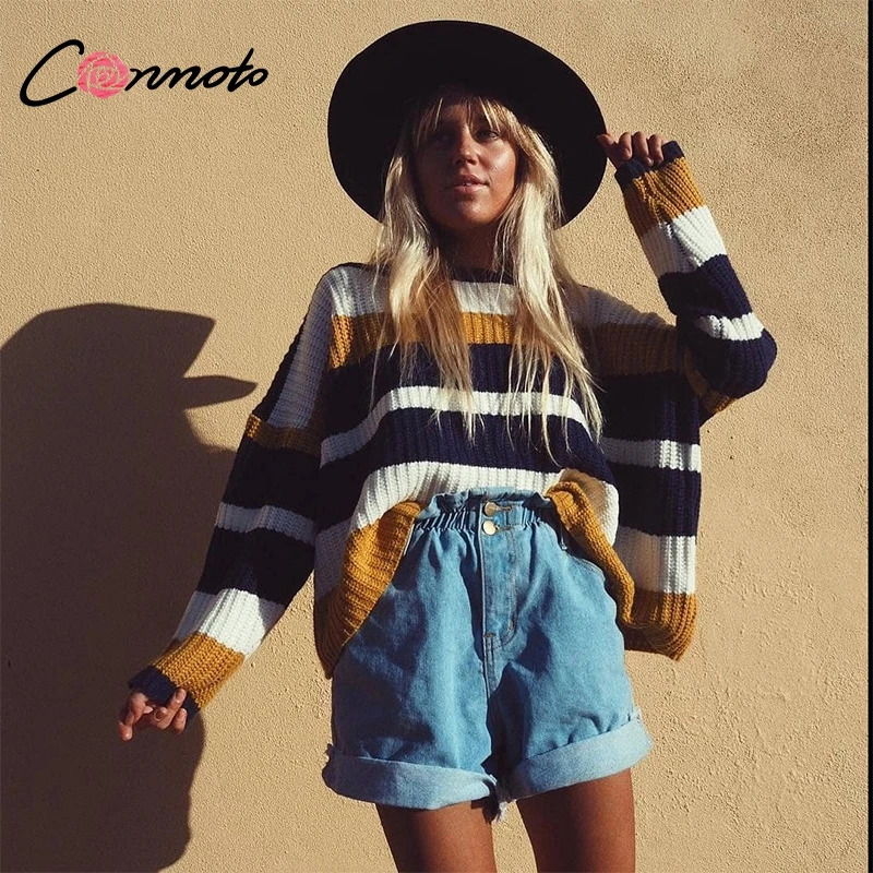 Conmoto короткие Oversize повседневное Радуга свитер для женщин пуловеры трикотажные