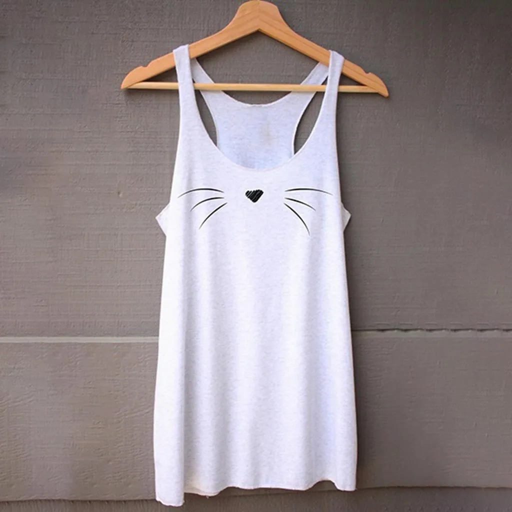 Women Sleeveless Cat Face Shirt Casual Loose Tank Top Soft Comfortable
