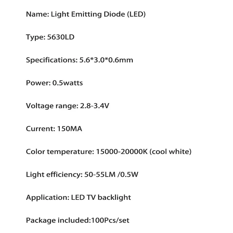 100 шт./партия, высокое качество, новый smd led 5630ld 3 v 150ma 0,5 w, лампа, бусины, холодный белый для ремонта, светодиодная подсветка ЖК-телевизора