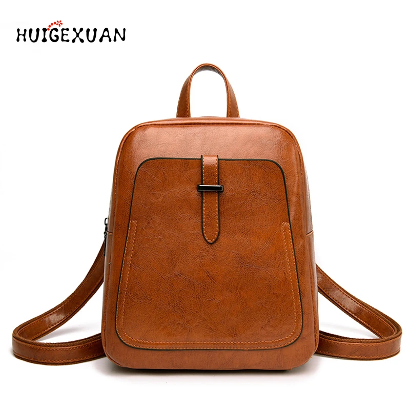 

New Womens Vintage Backpack High Quality Oil Wax Leather Female Backpacks European And American Style Solid Color Wild Backpacks