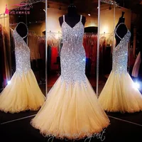 Coral Rhinestone Dress Sexy Backless Mermaid Long Prom Dresses Spaghetti Strap Crystals Prom Gowns Party Long Evening Dress