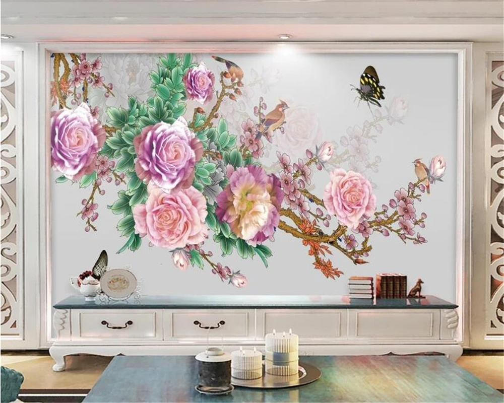 beibehang Customized modern peony plum blossom Chinese TV background wall painting wallpaper wall papers home decor papier peint chinese handmade rice paper scroll exquisite chinese calligraphy painting works xuan paper small regular script creation papier