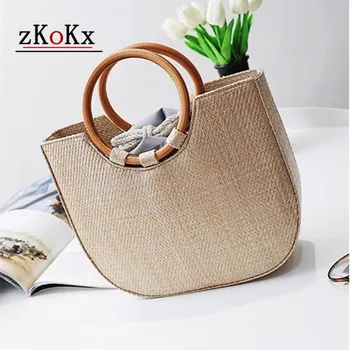 

bags for women 2020 Circle Wooden Handle Knitted Handbag Straw Bags For Women Tote bag Rattan Crossbody bag Beach Hand Bag bolso